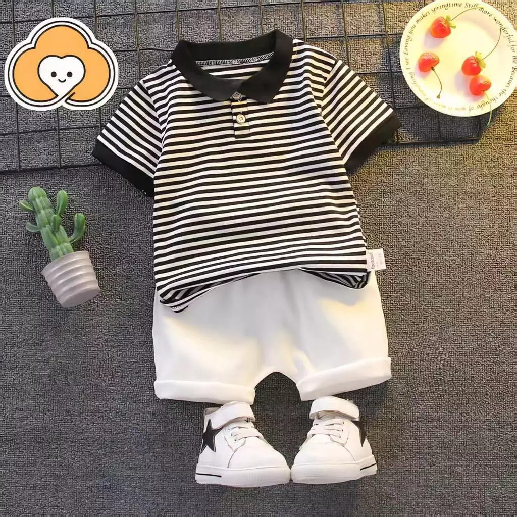 [Cotton Life]ชุดเด็กผู้ชาย เสื้อโปโลลายริ้วแขนสั้น + กางเกงขาสั้น 2 ชิ้น ผ้าฝ้ายนุ่ม ฤดูร้อน ใส่สบาย