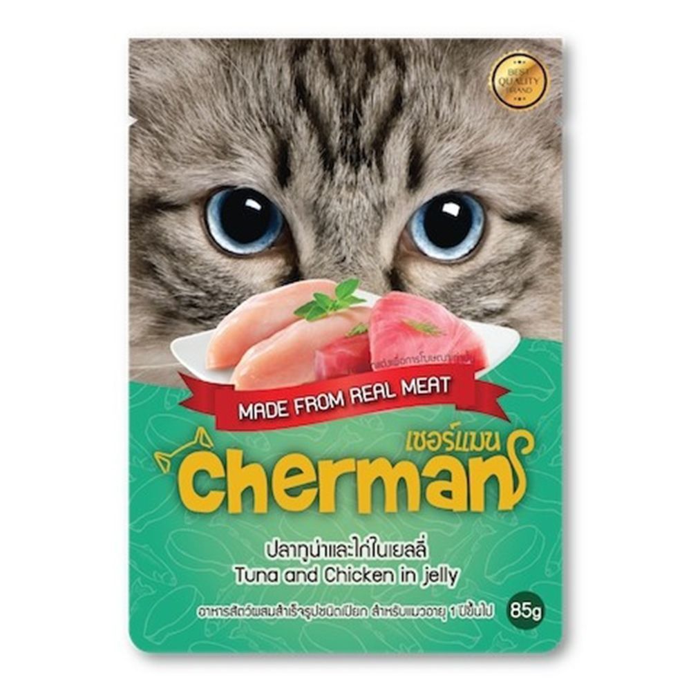 [สินค้าส่งด่วน] เชอร์แมน อาหารเปียก ทูแซลมอนในเยลลี่ 85ก CHERMAN POUCH MACKEREL SALMON JELLY 85G
