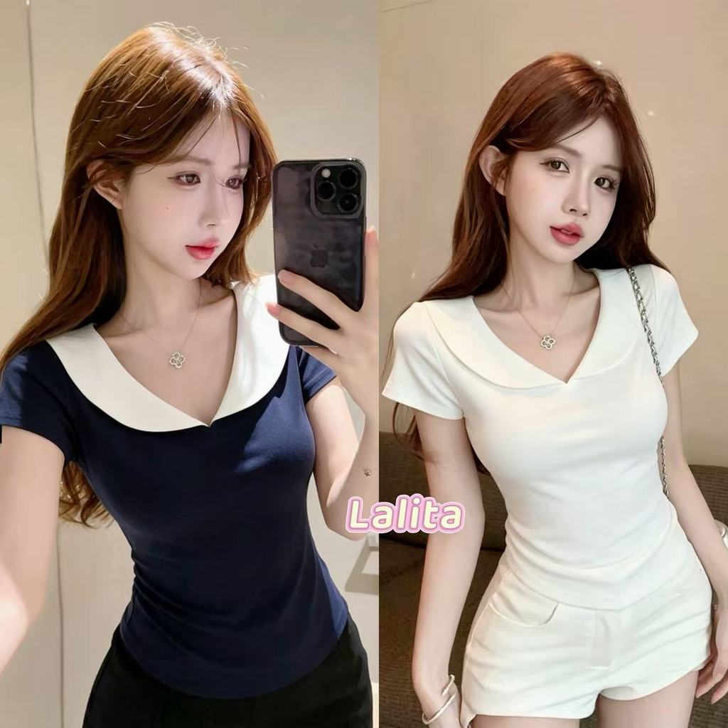 Lalita เสื้อยืดคอปก คอวี แขนสั้น ผู้หญิง น่ารักสไตล์เกาหลี ใส่สบาย 2สี