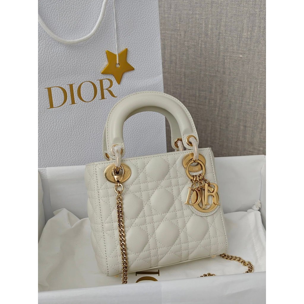 [เกรด Daigou] Lady Dior Three-Grid Sheepskin Dior Milk White Gold Buckle Silver Buckle Rattan Check 