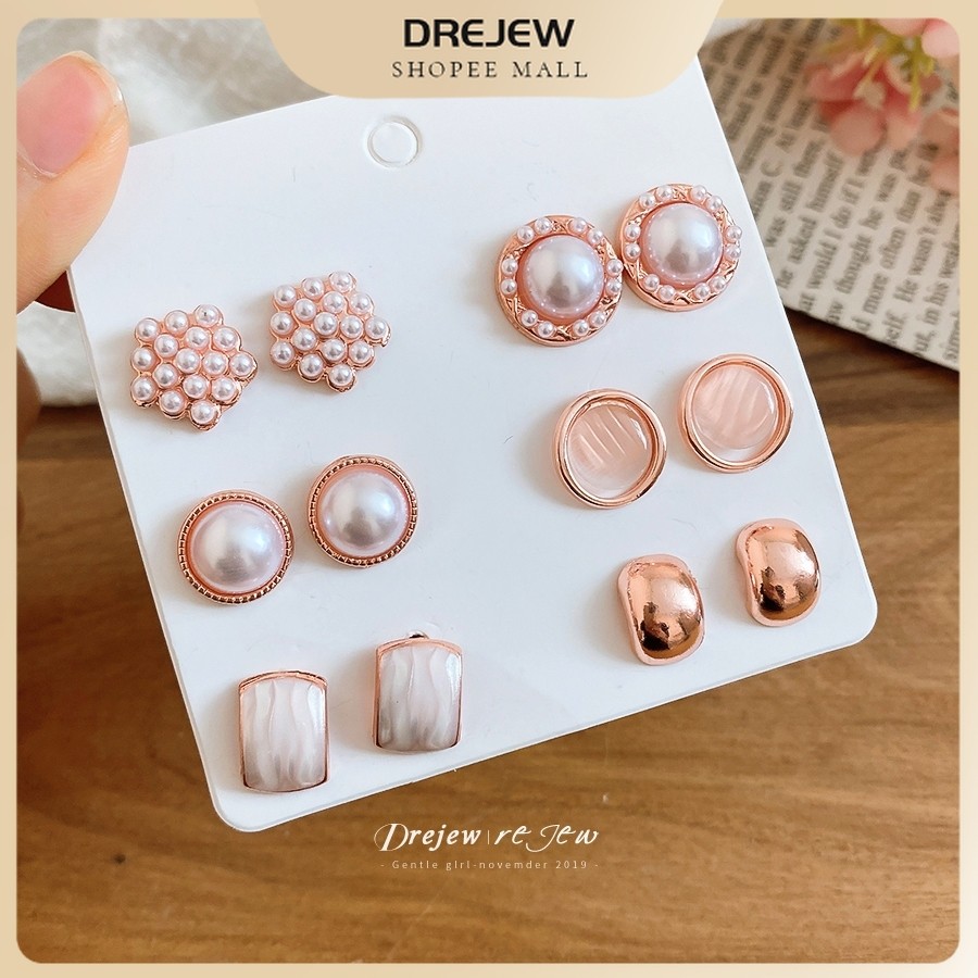 เดรช ชุดต่างหูหลายสไตล์หวานอ่อนโยนสําหรับผู้หญิง-สีโรสโกลด์6คู่กับมุกเทียม,อุปกรณ์เสริมอเนกประสงค์สําหรับทุกวันชุด