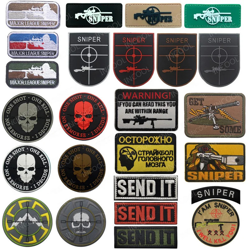 Sniper PVC ปัก Patch ส่งมัน Appliqued ยาง One Shot One Kill Skull Airsoft ตกแต่งแพทช์สําหรับเสื้อผ้ากระเป๋าเป้สะพายหลังป้าย