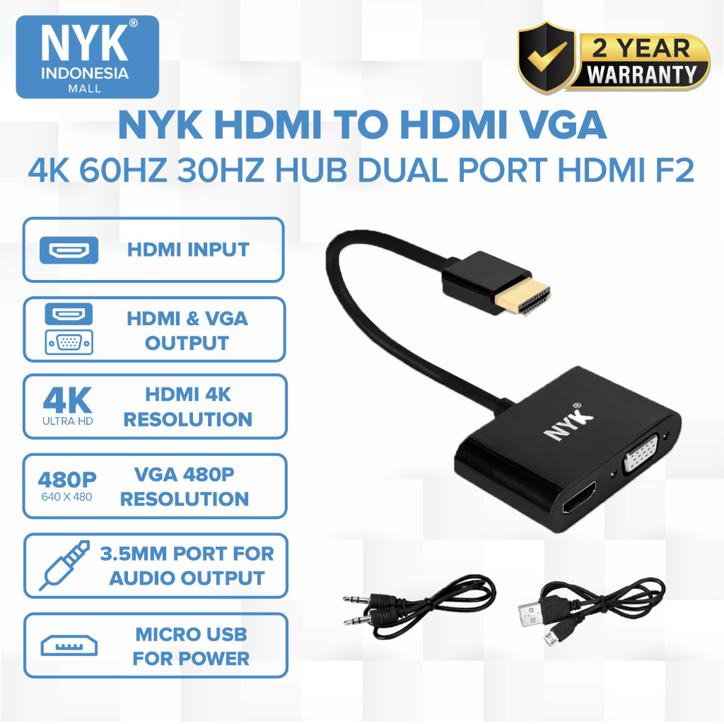 NYK Converter 2 in 1 HDMI to HDMI VGA 4K 60hz 30hz HUB Dual Port HDMI F2
