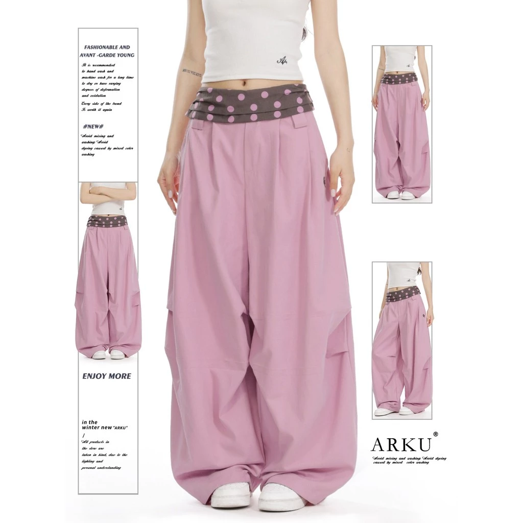 American Polka Dot Contrast Color Stitching Overalls ผู้หญิงหลวมกางเกงกีฬาขากว้าง