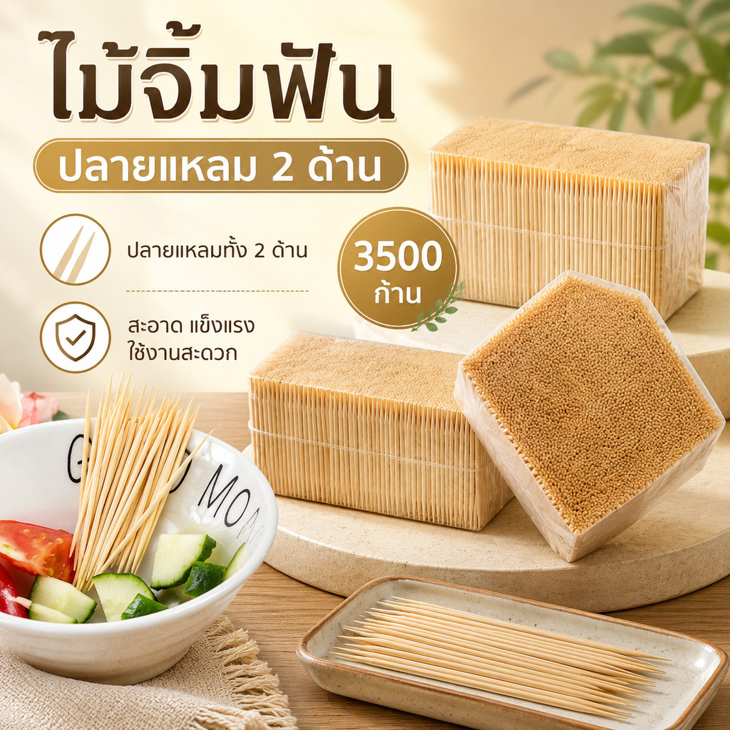 ไม้จิ้มฟัน ชนิดเติม ปลายแหลม 2ด้าน แพ็ค3500ก้าน ทำจากไม้ไผ่ ไม้จิ้มฟันปลายแหลม 2ด้าน (DK-TP-002)