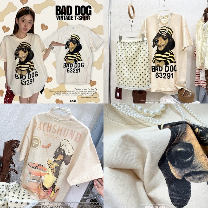 รัหส C39    Bad dog หมาใส่หมวก เสื้อยืด ทรงOversize ผ้าคอตตอนสไตล์วินเทจสกรีนลาย
