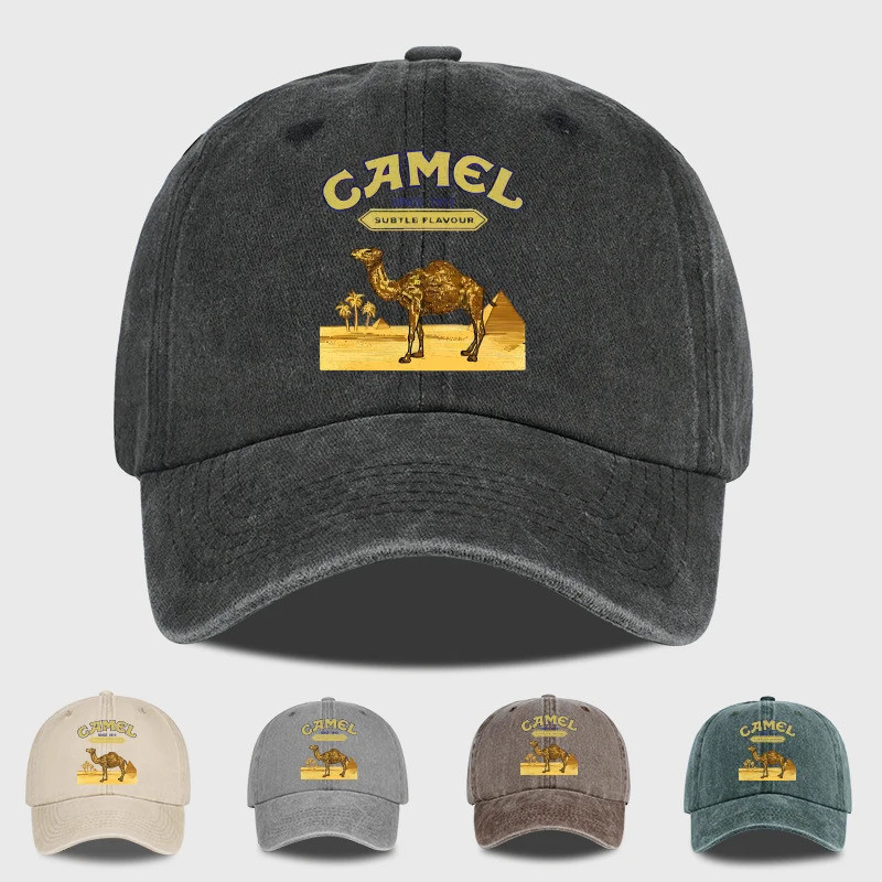Vintage Camel Desert Scene Print Washed Baseball Cap - หมวกวินเทจสําหรับเดินป่ากลางแจ้งและปีนเขา