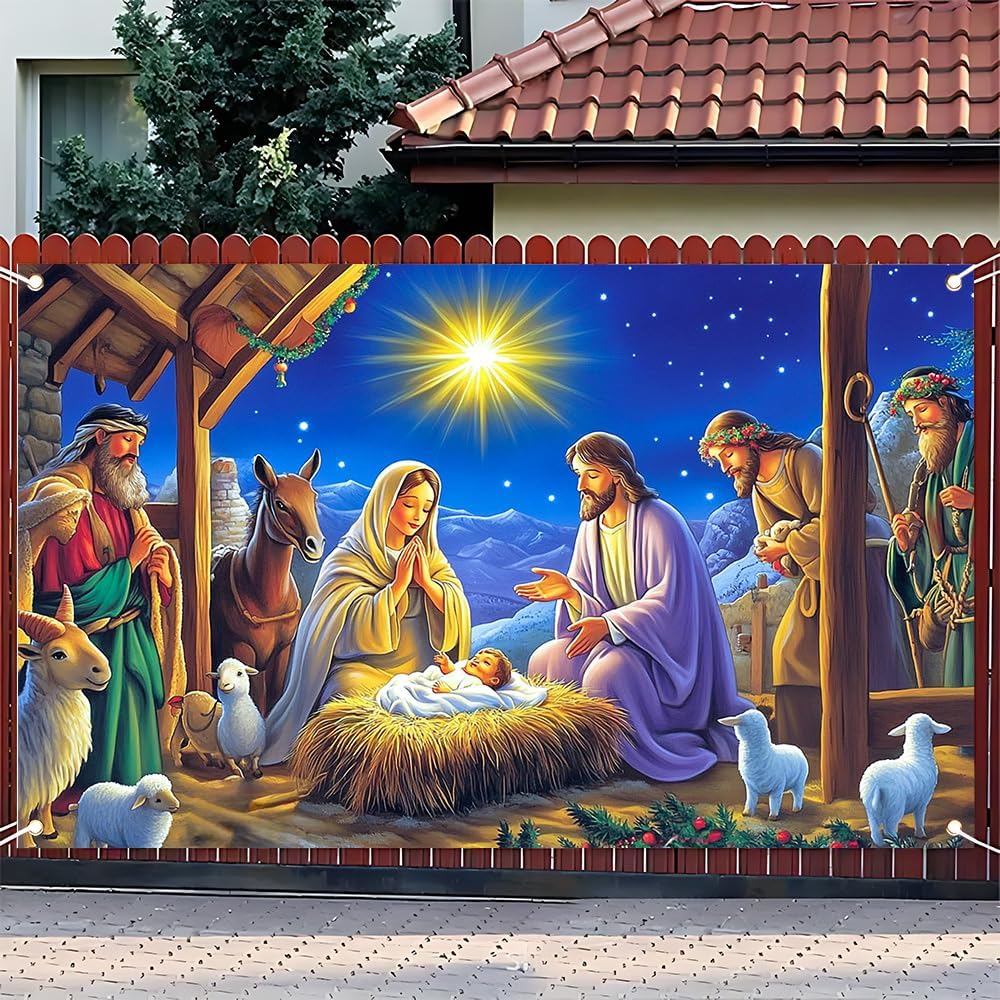 Merry Christmas Banner - ฉากประสูติเด็กพระเยซูเกล็ดหิมะตกแต่งวันหยุดสําหรับ Xmas Party 70.8 x 43.3 น