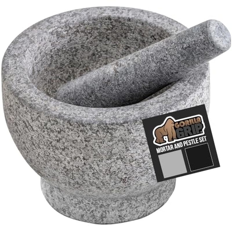 GORILLA GRIP Heavy Duty Mortar and Pestle Set with Slip Resistant Base, 100% Granite Stone Molcajete