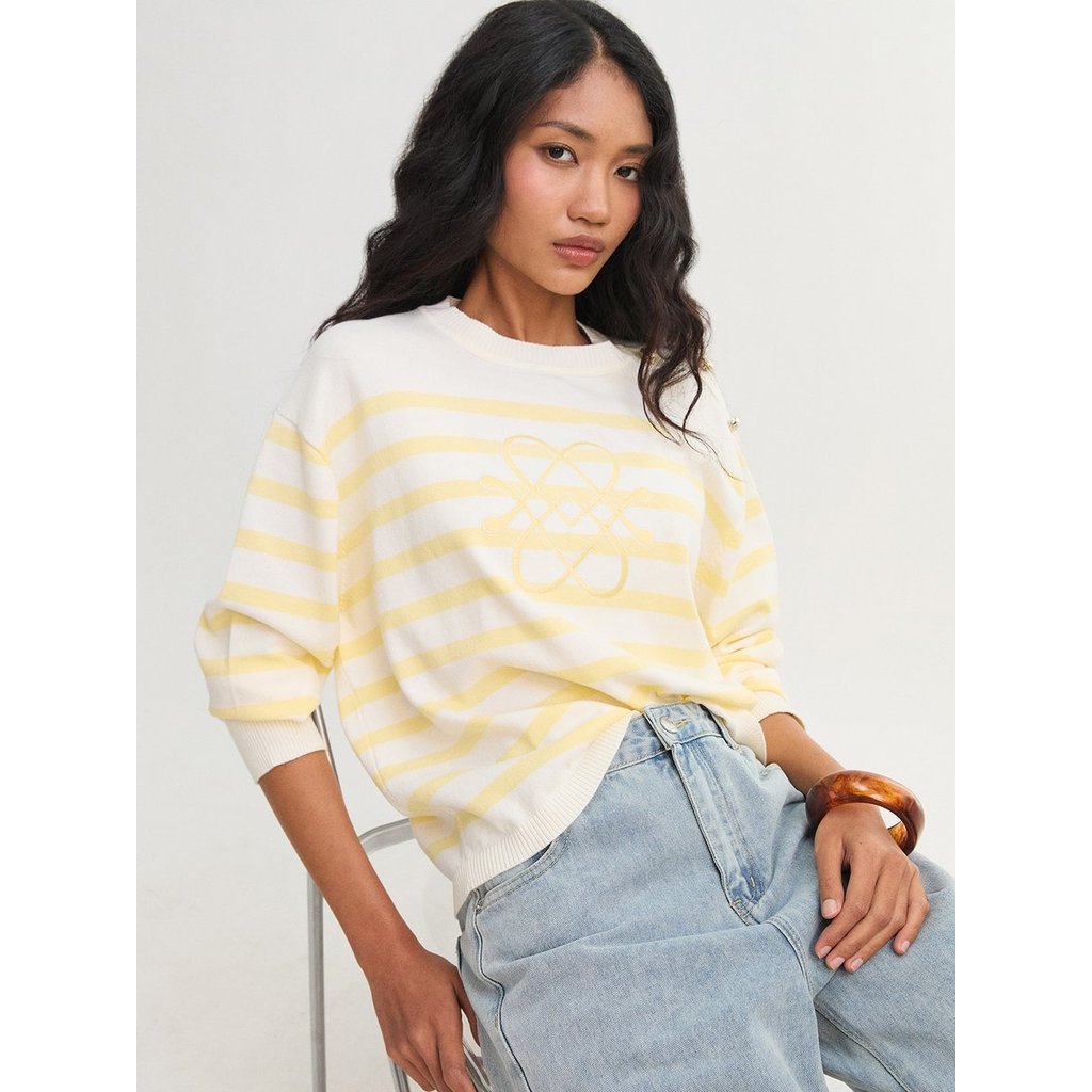 [Pomelo] เสื้อไหมพรมลายทางติดกระดุมที่ไหล่ / Striped Button Shoulder Knit Top