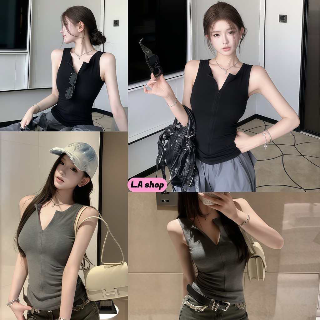 L.A Shop★พร้อมส่ง เสื้อกล้ามคอวีไม่มีแขน ซิปด้านหน้า สไตล์เกาหลี เข้ารูปสวย ผ้านิ่มใส่สบาย -FY2653