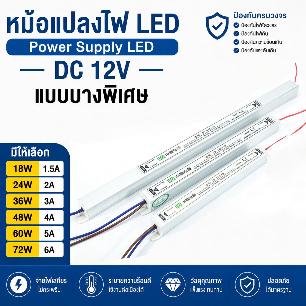 Power Supply LED DC 12V 18w 24w 36w 48w 60w 72w  แบบบางพิเศษ หม้อแปลงไฟ LED ใช้กับป้ายไฟ/เส้นไฟ LED