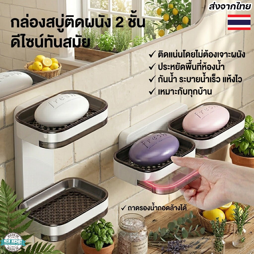 กล่องวางสบู่ติดผนัง 2 ชั้น แบบไม่ต้องเจาะ ติดแน่น ไม่หลุด ระบายน้ำดี ช่วยจัดระเบียบห้องน้ำ ประหยัดพื้นที่