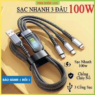 Cáp Sạc Nhanh 3 Đầu 100W (Dài 1.2m)- CÓ MÀN HÌNH - Bộ Sạc 3 Trong 1 Chống Rối, Chống Đứt - Sạc Cùng Lúc 3 Thiết Bị
