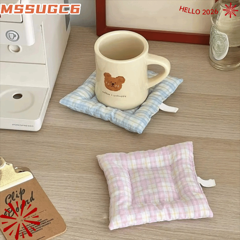 IMSSUG Hand Made Coaster, Vintage Soft Cotton Coaster,น้ําหนักเบาAesthetic Design Checked Pattern Korean Style Insulation Mat Kitchen Accessory