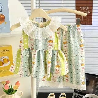 MooDeng Baby ชุดเสื้อ เสื้อแขนกุด+ กางเกงขายาว สไตล์เกาหลี ใหม่ สำหรับเด็กหญิง ชุดฤดูร้อน 80CM-160CM
