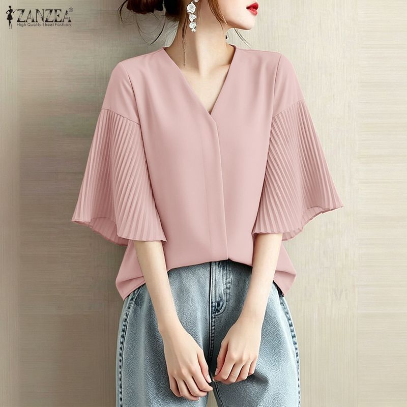 ZANZEA ผู้หญิงเกาหลี Elegant Feminine V คอ 3/4 Flare Sleeve Pleating Splic หลวมสีธรรมดาเสื้อ — صورة 6