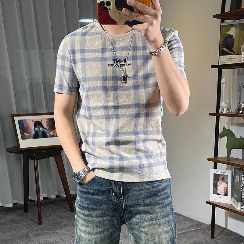 棉麻格子短袖男夏季新款字母图案刺绣青年t恤男装麻料圆领上衣薄4.29Cotton-n Plaid Short-sleeve Men's Summer New Letter Pattern Embroi