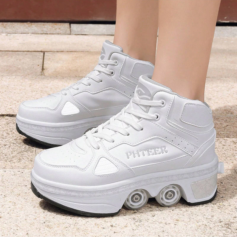 Big สี่ล้อ Pulley รองเท้าชายหญิงเด็ก Runaway Shoelaces ล้อกีฬารองเท้าสเก็ตบอร์ดกลางแจ้ง Double-Row Roller Skates One-Button สวิทช์ Au