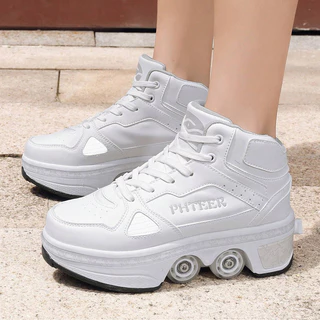 Big สี่ล้อ Pulley รองเท้าชายหญิงเด็ก Runaway Shoelaces ล้อกีฬารองเท้าสเก็ตบอร์ดกลางแจ้ง Double-Row Roller Skates One-Button สวิทช์ Au