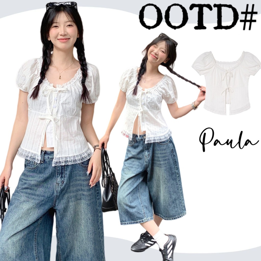Paula พร้อมส่ง🌴เสื้อเชิ้ตสีขาวตัดแต่งลูกไม้🌴ดีเทลผูกหน้าอก ระบายลูกไม้ปลายเสื้อ ผ่าหน้าเปิดสวย ทรงกระชับเอวสไตล์เกิร์ลลี