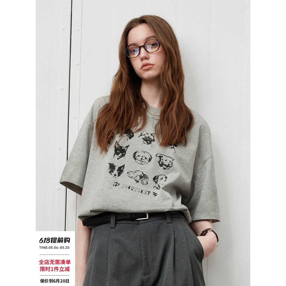 เสื้อยืดผู้ชาย 714street American Retro แบบครึ่งแขน สัตว์พิมพ์ เหมาะสำหรับฤดูร้อน
