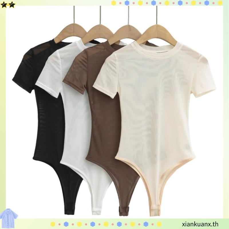 บอดี้สูทสาวอวบ บอดี้สูทผู้หญิงมีฟองน้ำ Jumpsuit สไตล์ใหม่สำหรับฤดูร้อน แขนสั้น รอบคอดูดี วัสดุผ้าก๊o