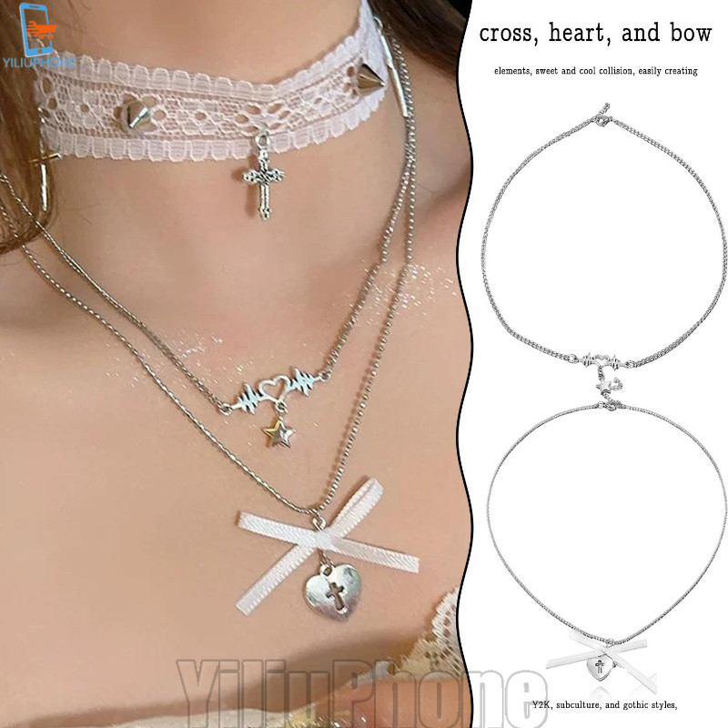 [Bless] สร้อยคอโบว์ Y2K ลูกไม้หลายชั้น - จี้ข้ามหัวใจ - จี้ดาว Choker - Gothic Punk Choker - อุปกรณ์