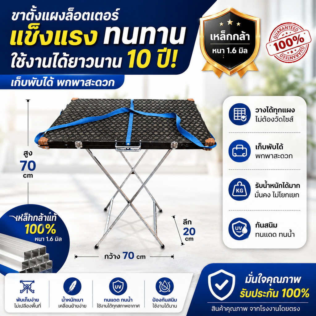 ขาตั้งแผงลอตเตอรี่  พับได้  วางได้ทุกแผง เหล็กแท้ ขนาดสูง 90 cm.  ปรับขนาดได้ คุณภาพดี แข็งแรง มีกันแผงตก เก็บปลายทางได้