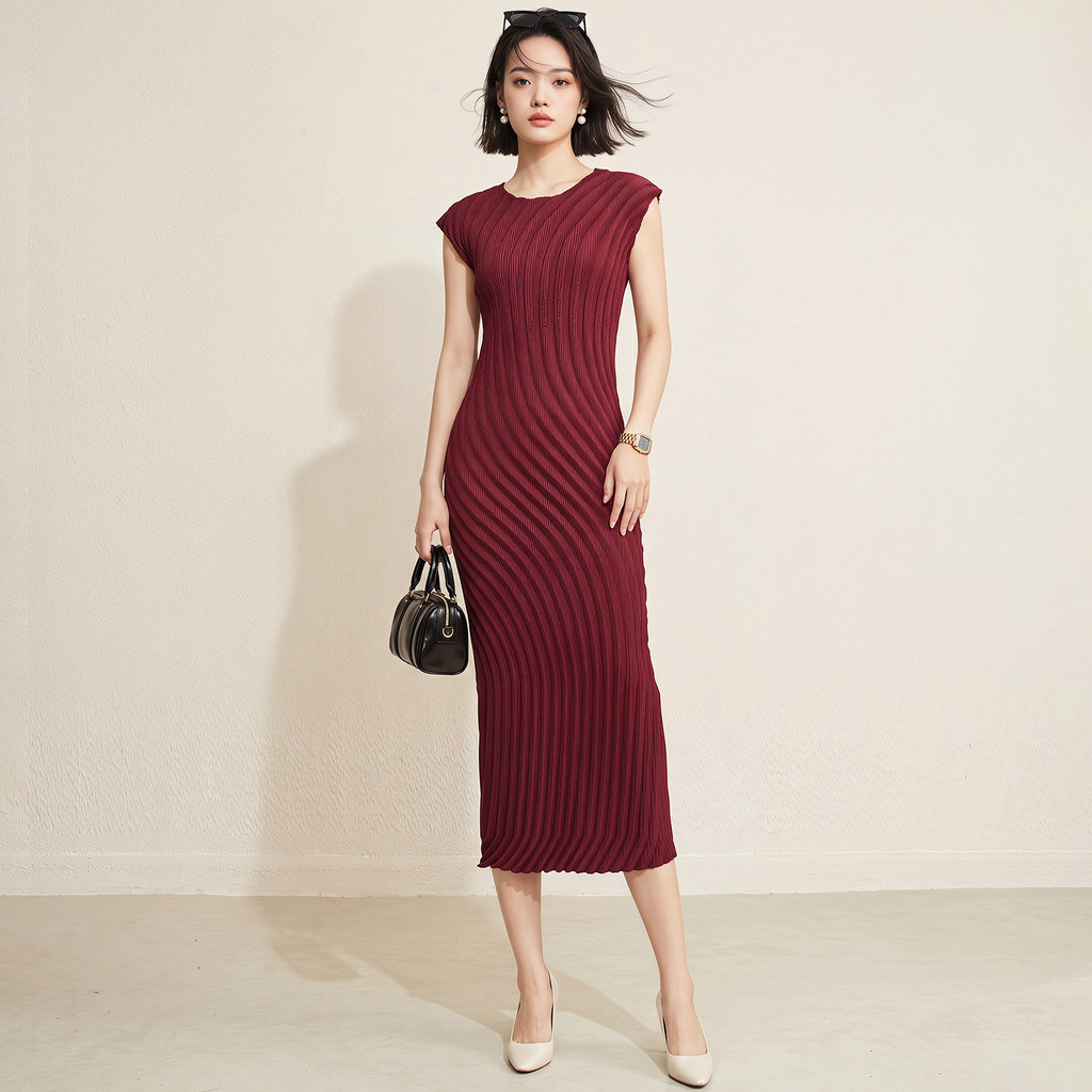 Miyake ชุดเดรสแขนสั้นผู้หญิงจีบ Slim-Fit Slimmer ดูอารมณ์สูง @