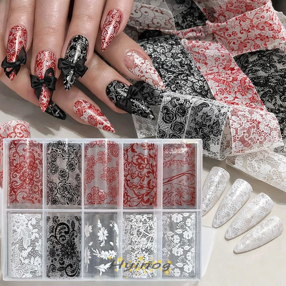 HYINOG เล็บฟอยล์ ลายเสือดาว สติกเกอร์เล็บ ลายลูกไม้สีดําขาว เลื่อม Effect เล็บ Decals DIY