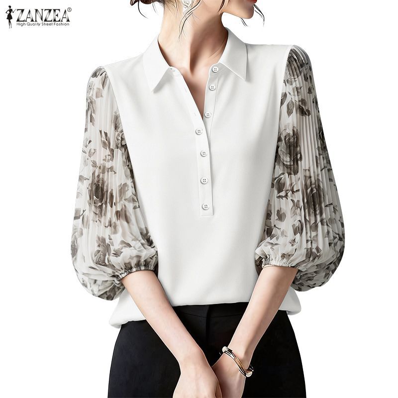 ZANZEA เสื้อเชิ้ตผ้าชีฟองแขนยาว 3/4 ของผู้หญิง