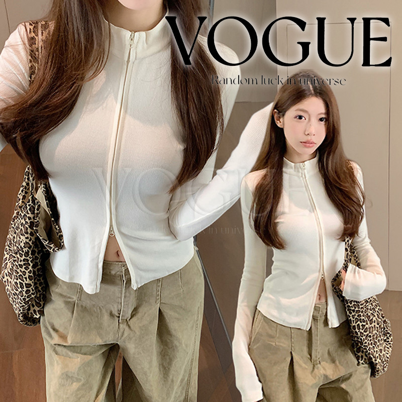 Vogue🌟พร้อมส่ง🌟 เสื้อยืดคอตั้งแขนยาว เป็นซิปคู่ทรงเข้ารูป ดีไซน์สาวฮอต ใส่สบาย (FY7866)