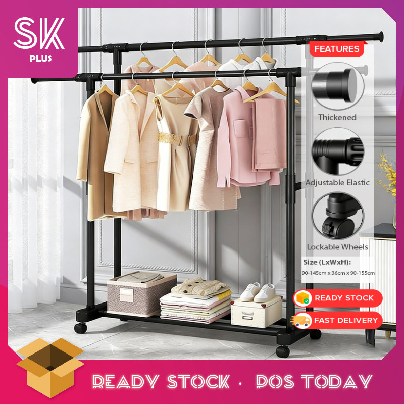 SKplus ปรับ Double Rod เหล็กราวแขวนเสื้อผ้าชั้นยืนแขวนอบแห้ง Organizer Rack รัก Baju Dua Tiang Laras