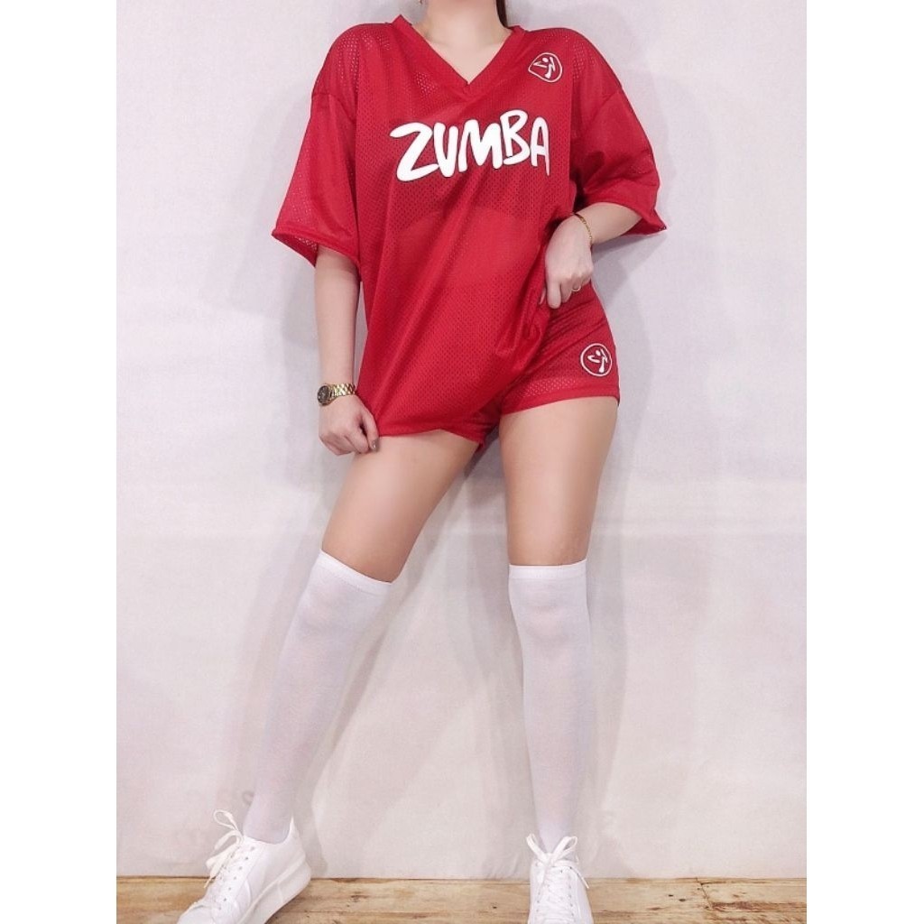 ONTREND ZUMBA เสื้อยืดแขนสั้น คอวีสีแดง ไซส์ใหญ่ สำหรับ стильจักรยาน