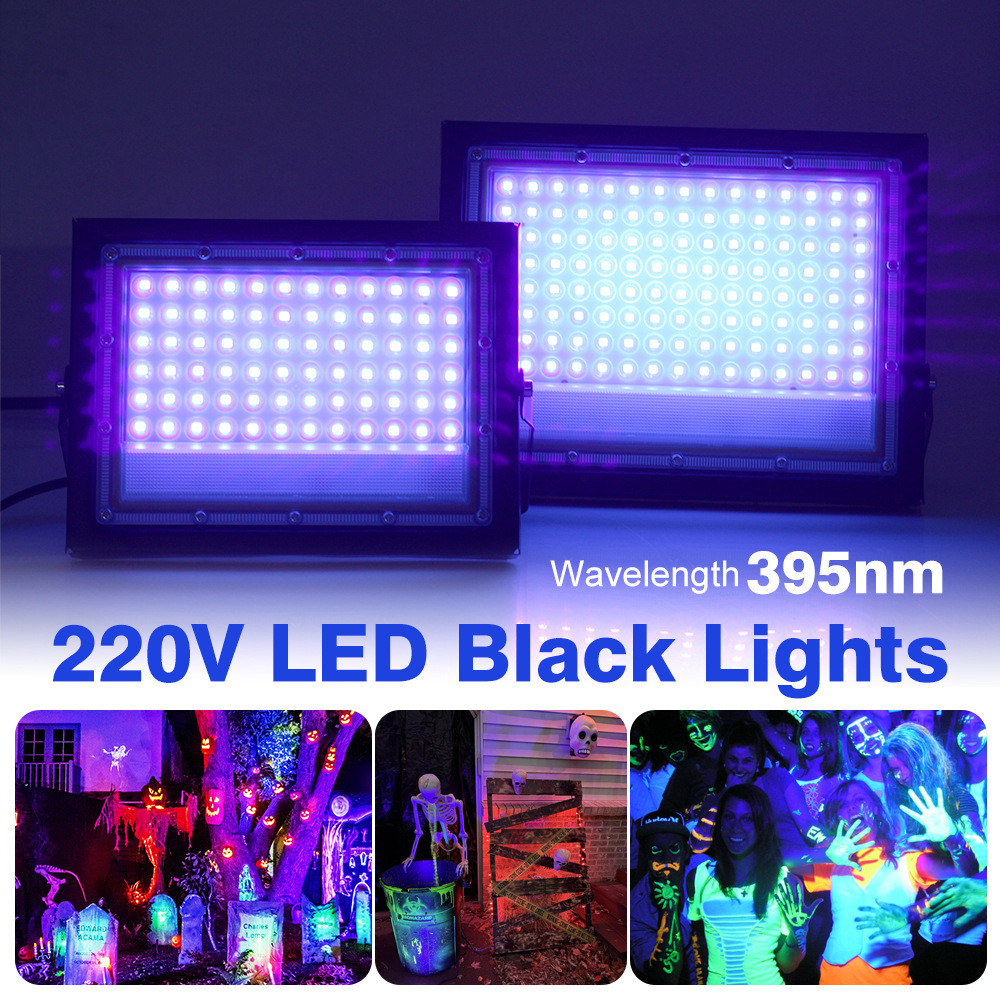 395nm LED UV น้ําท่วม 50W 100W เวทีสีดํา AC220V EU ปลั๊กกันน้ํากลางแจ้ง UV เรืองแสง Party Stage Back