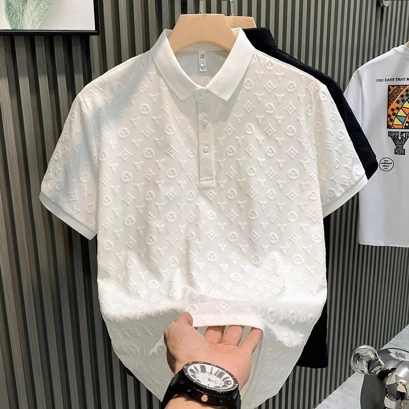 เสื้อโปโลผู้ชาย ลายพิมพ์นูน 3D สไตล์ลักชัวรี่ ผ้าไม่ยับ ระบายอากาศได้ดี เสื้อใส่ทำงาน ไซส์ M-5XL