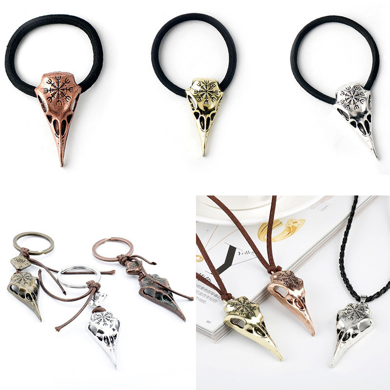 Nordic Mythology ปักกิ่งสัญลักษณ์ Retro โลหะ Crow Skull Beak หัวเชือกสร้อยคอพวงกุญแจ 0423hw