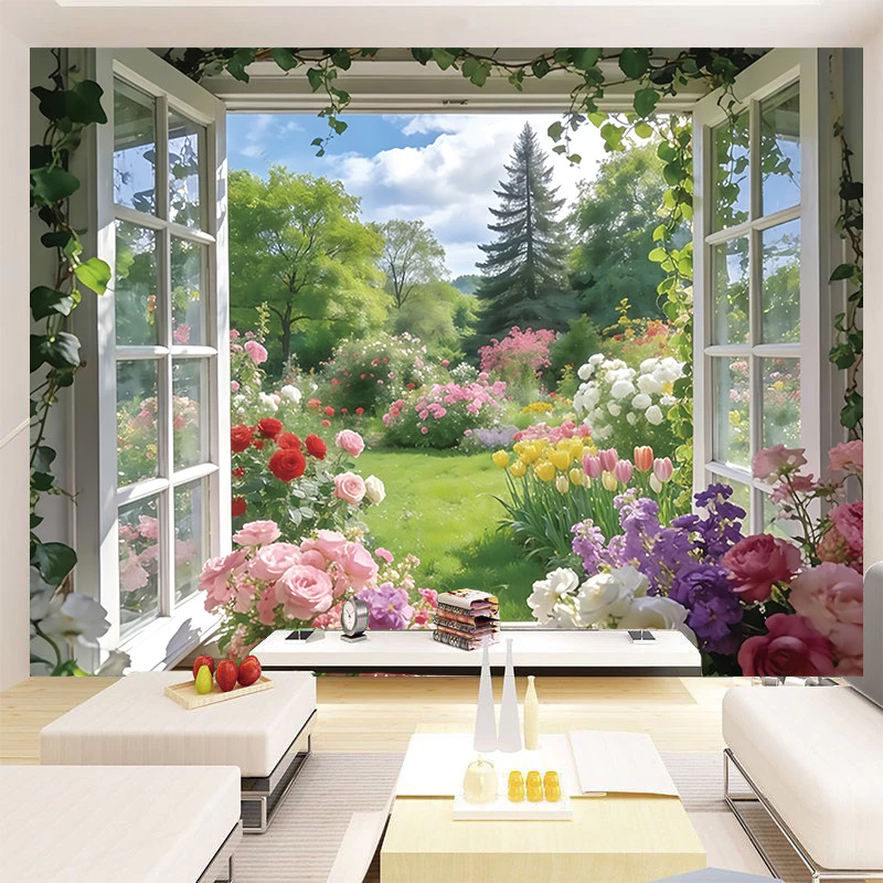 Healing Style Pastoral Window Scenery Tapestry 3D Extension Feeling Garden พื้นหลังผ้า B & B/Live Room Check-in พื้นหลังสาวหัวใจตกแต่งห้องนอน Tapestry [YT]