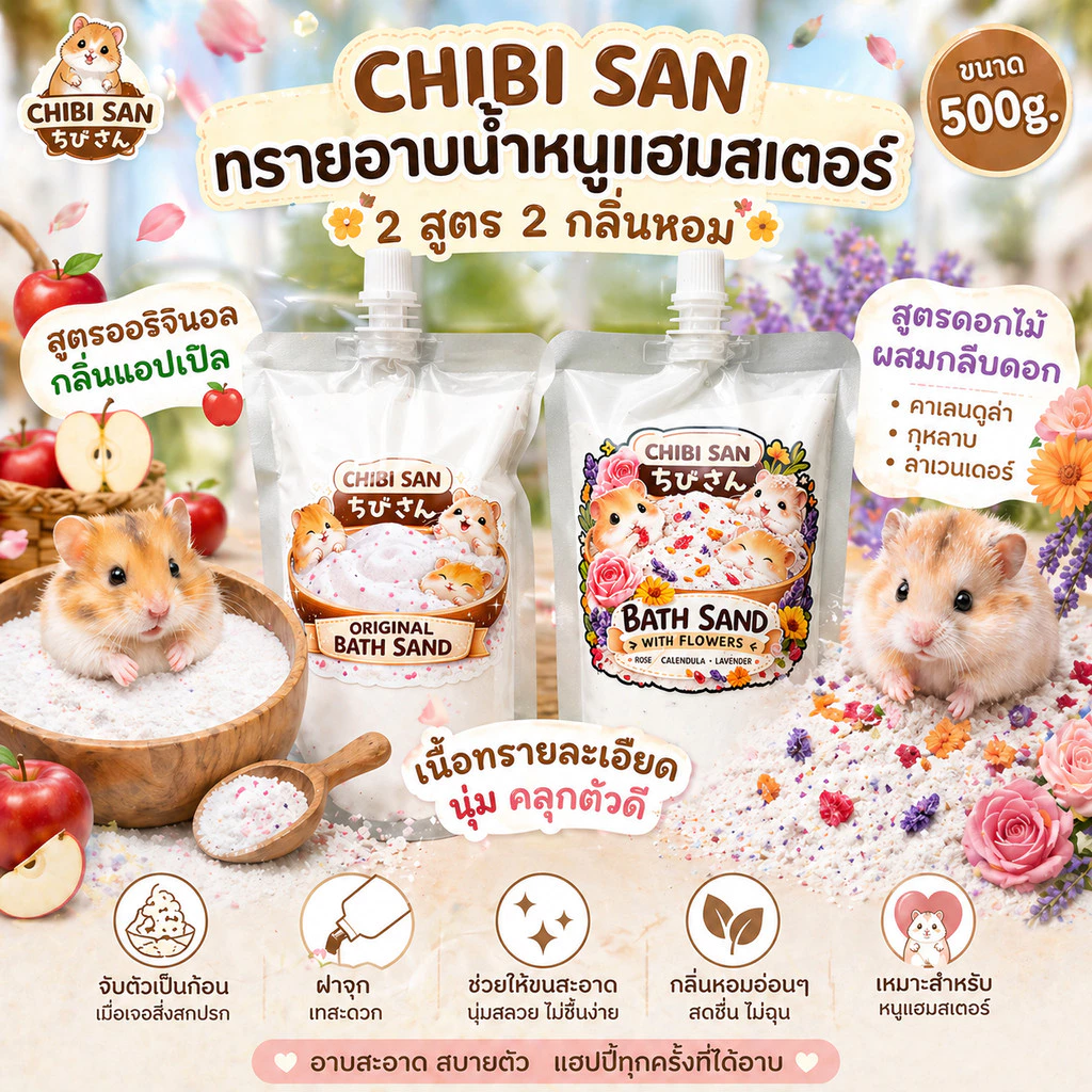 ทรายอาบน้ำหนูแฮมสเตอร์ ดอร์เมาส์ Chibi Chan สูตรออริจินัลและดอกไม้ธรรมชาติ กลิ่นหอมอ่อน ขนาด 500g.