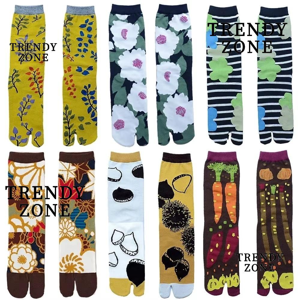 ถุงเท้า.Tabi TRENDYZONE ดีไซน์แยกนิ้วเท้า ผ้าฝ้ายระบายอากาศ สไตล์ฮาราจูกุ Jacquard ลายศิลปะบนถุงเท้า