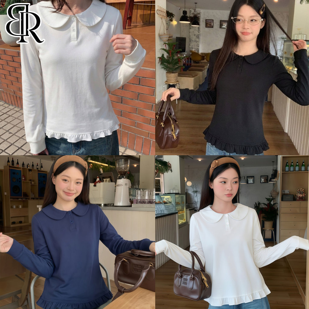 B&R พร้อมส่ง เสื้อแขนยาวสไตล์เกาหลีสำหรับผู้หญิง เสื้อยืดคอปกปีเตอร์แพนผ้าลูกไม้ ชั้นฐานด้านใน ขนาด M-2XL