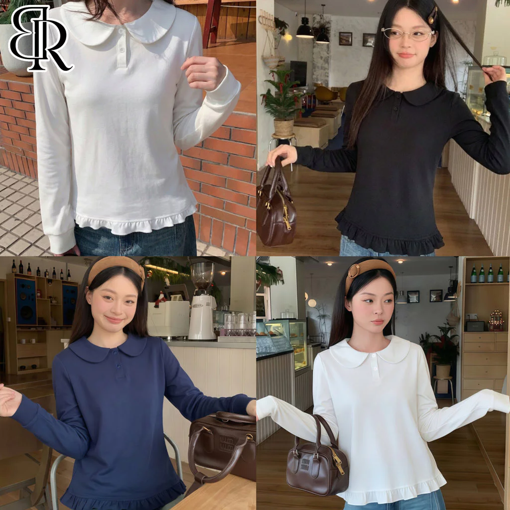 B&R พร้อมส่ง เสื้อแขนยาวสไตล์เกาหลีสำหรับผู้หญิง เสื้อยืดคอปกปีเตอร์แพนผ้าลูกไม้ ชั้นฐานด้านใน ขนาด M-2XL