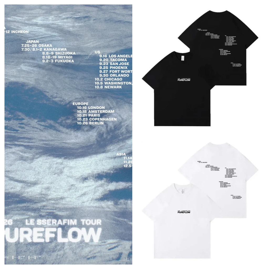 Kpop LE SSERAFIM 2026 PUREFLOW รอบคอผ้าฝ้าย T แขนสั้น Casual Top Man/ผู้หญิงเสื้อคู่สั้น
