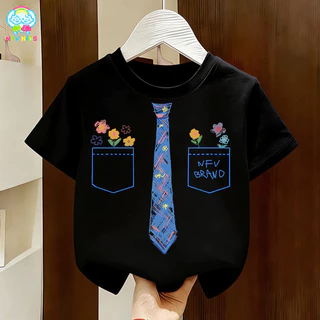 【ส่งจากกรุงเทพฯ】NFV KIDS เสื้อยืดแขนสั้นเด็ก✨ซึบซับเหงื่อ ระบายอากาศ ผ้าหนายับยากรีดง่าย ลายพิมพ์เนคไทสีน้ำเงิน YG1349
