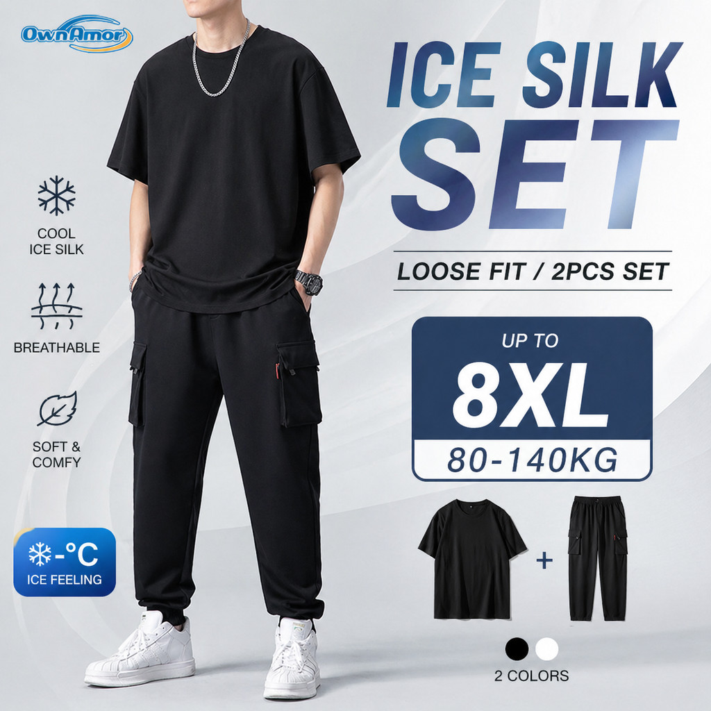 4-8เอ็กแอล ชุดลําลองผ้าไหมน้ําแข็งขนาดบวกสําหรับผู้ชาย | เสื้อหลวมและกางเกงคาร์โก้ชุดระบายอากาศ
