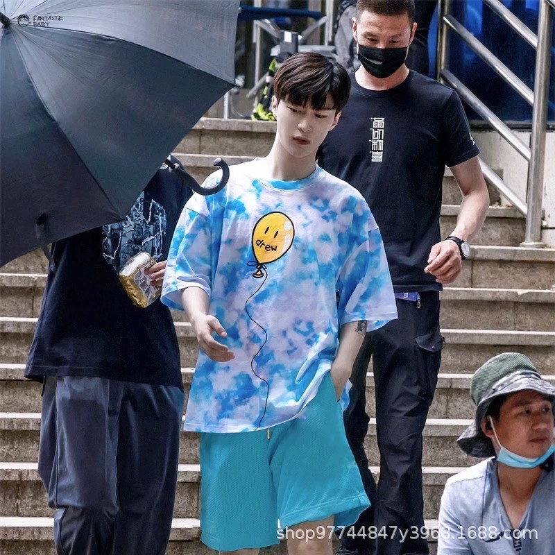 SOB5 DREW DREW Blue Sky White Cloud Tie-Dye คู่สไตล์ FOG High Street หลวมรอบคอผ้าฝ้ายแท้แขนสั้น T @-