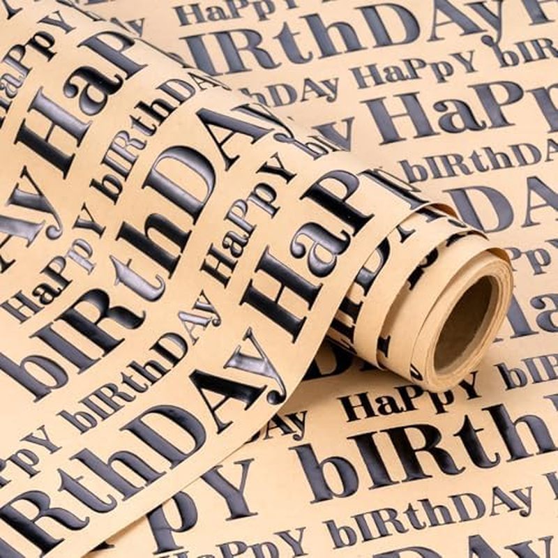 WRAPAHOLIC 3D Kraft Birthday Wrapping Paper Roll - Mini Roll - 17 Inch x 16.5 Feet - Gold and Brown 