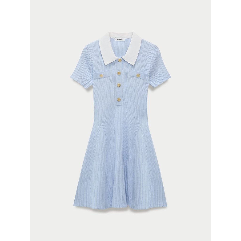 [Pomelo] เดรสสั้นคอปกติดกระดุมด้านหน้าผ้าถักลายริบ / Collared Button Front Ribbed Mini Dress