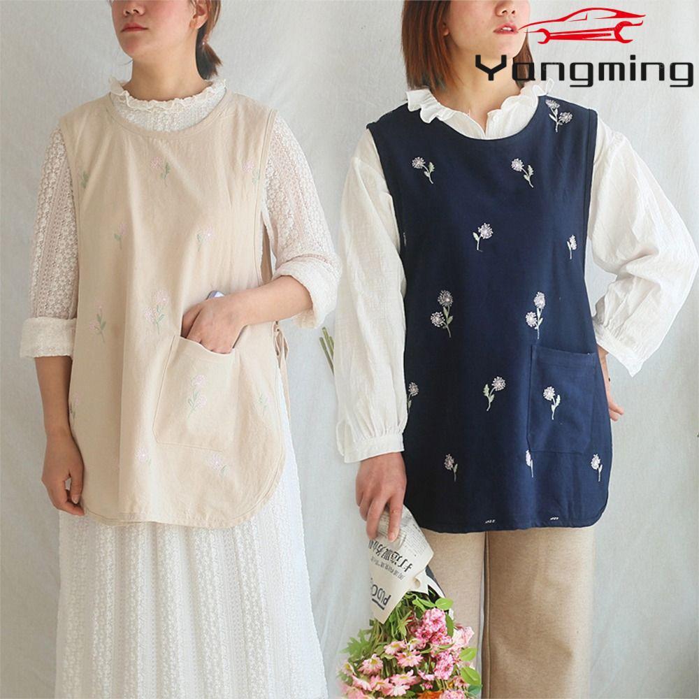 หยางหมิง ผ้ากันเปื้อนเสื้อกั๊ก,รอบคอแขนกุดปักเสื้อสวมหัว,สีทึบที่เรียบง่ายผ้าฝ้ายญี่ปุ่นผ้ากันเปื้อนครัวอุปกรณ์เสื้อผ้